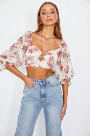 Chiffon Balloon Sleeved Bustier Crop Top - Red / Xs