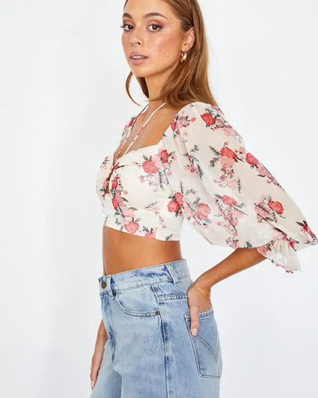 Chiffon Balloon Sleeved Bustier Crop Top