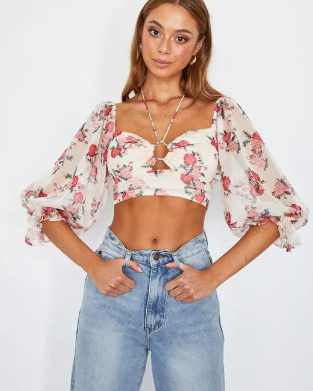 Chiffon Balloon Sleeved Bustier Crop Top