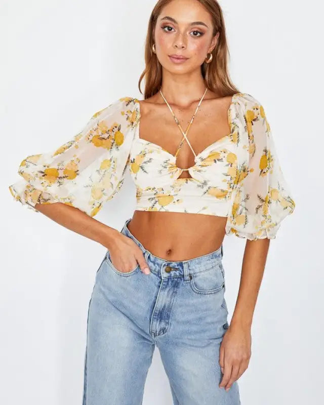 Chiffon Balloon Sleeved Bustier Crop Top