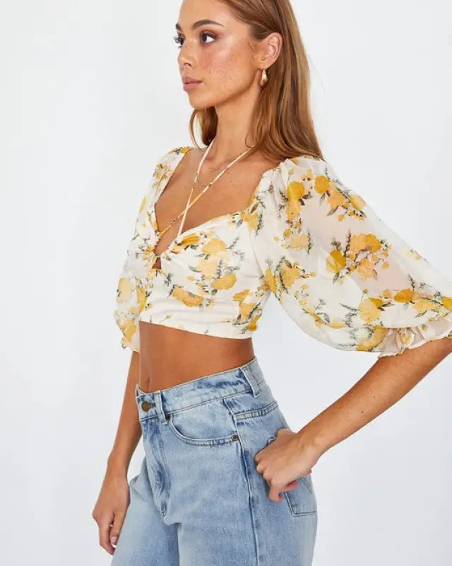 Chiffon Balloon Sleeved Bustier Crop Top