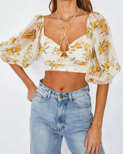 Chiffon Balloon Sleeved Bustier Crop Top