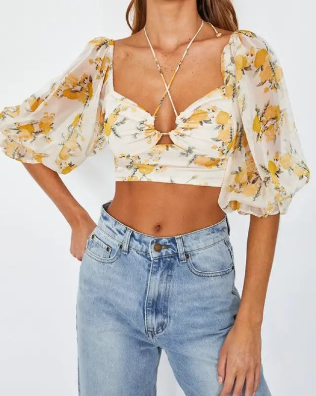 Chiffon Balloon Sleeved Bustier Crop Top