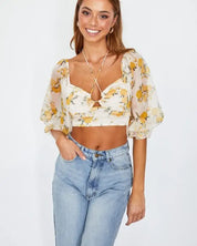 Chiffon Balloon Sleeved Bustier Crop Top - Yellow / Xs