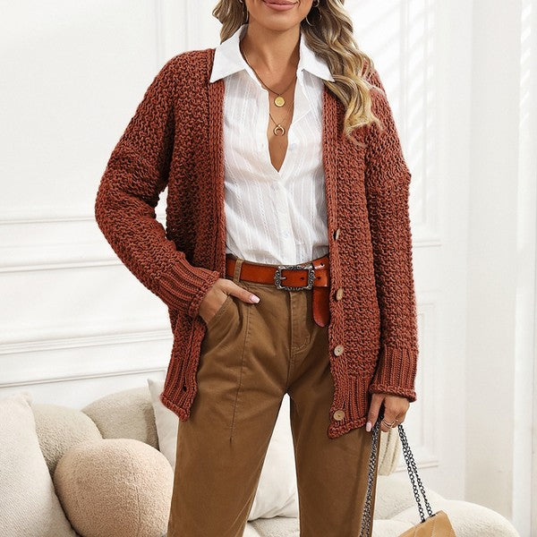 chunky cable knit oversize cardigan - Sandal wood / S