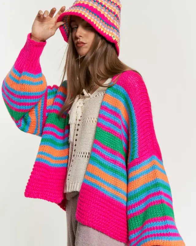 Chunky Knit Multi-Striped Open Sweater Cardigan