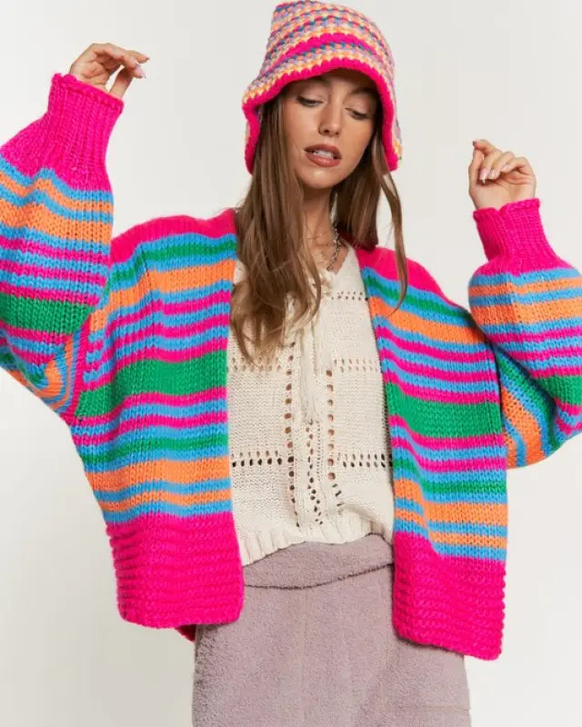 Chunky Knit Multi-Striped Open Sweater Cardigan