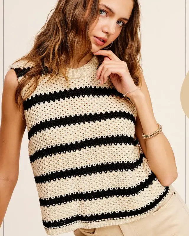 Chunky Stripe Sleeveless Sweater Top - OREO / S