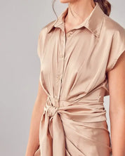 Collar Button Up Front Tie Dress