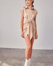 Collar Button Up Front Tie Dress