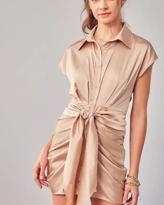 Collar Button Up Front Tie Dress