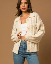 Collared Cable Sweater Cardigan - White / S