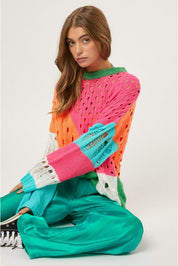 Color Block Distressed Pullover Sweater
