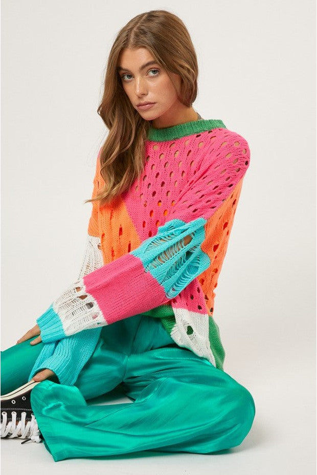 Color Block Distressed Pullover Sweater