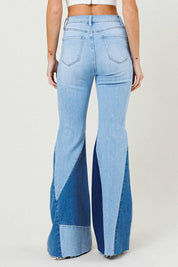 Color Block Side Slit Flare Jeans - Jeans