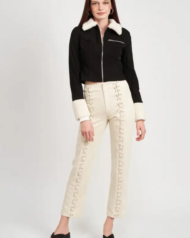 Contrasted Collar And Cuff Crop Jacket