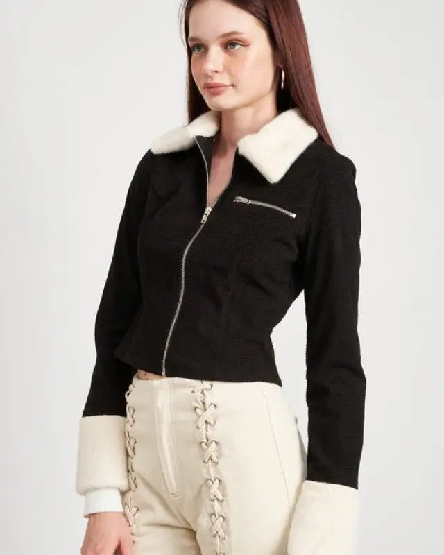 Contrasted Collar And Cuff Crop Jacket