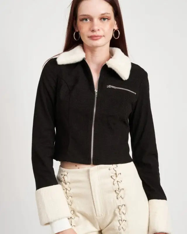 Contrasted Collar And Cuff Crop Jacket