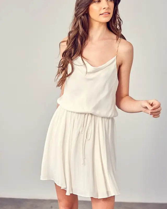 Cowl Neck Beaded Strap Dress - CREAMY WHITE / S