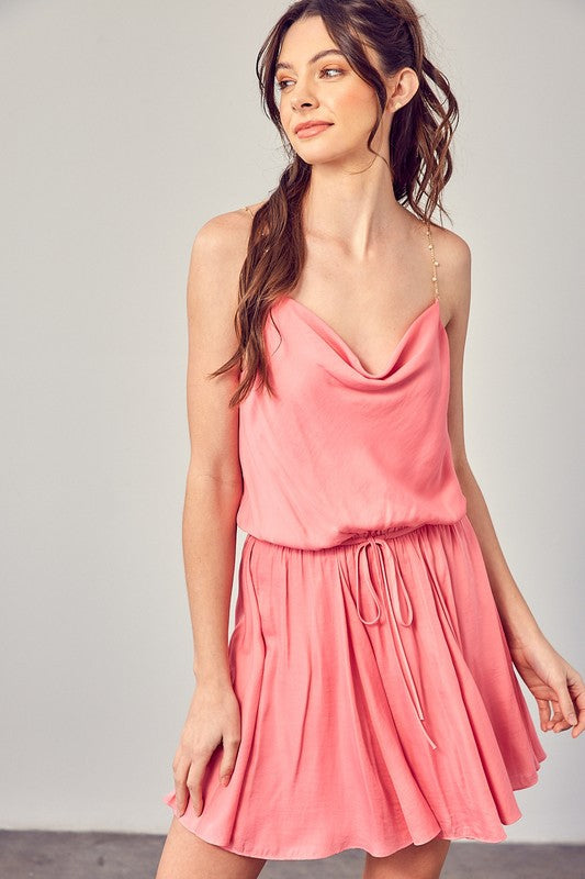 Cowl Neck Beaded Strap Dress - MILKY PINK / S