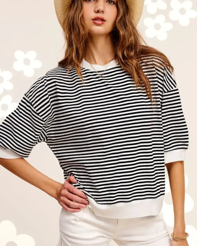 Crew Neck Stripe Short Sleeve Top - BLACK / S