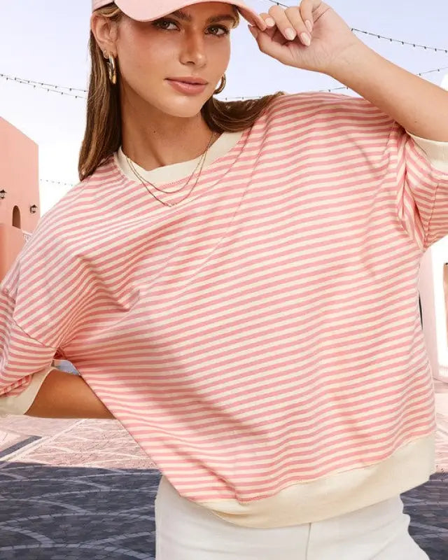 Crew Neck Stripe Short Sleeve Top - COTTON CANDY / S