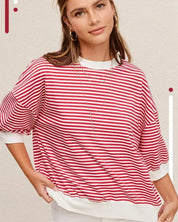 Crew Neck Stripe Short Sleeve Top - TOMATO / S