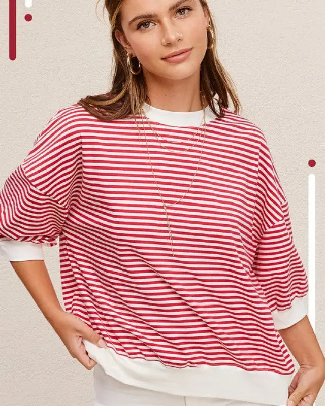 Crew Neck Stripe Short Sleeve Top - TOMATO / S