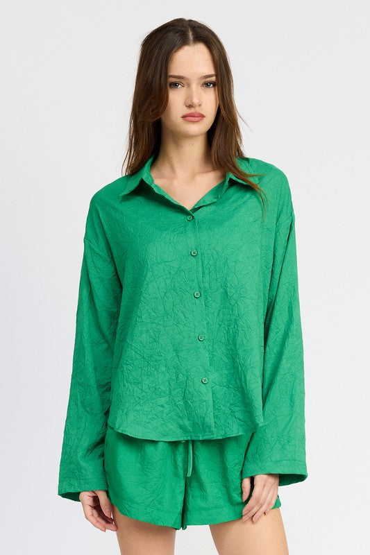 OVERSIZED BUTTON DOWN SHIRT - GREEN / S