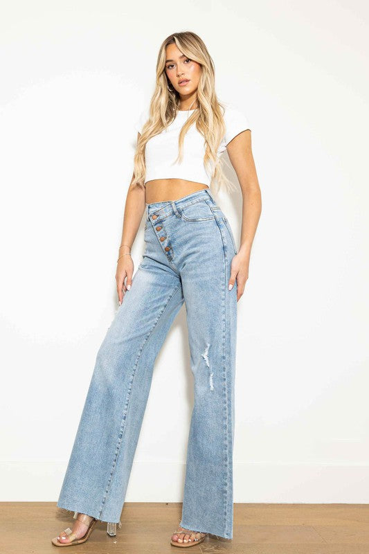 Criss Cross High Waisted Wide Leg Jeans - Jeans