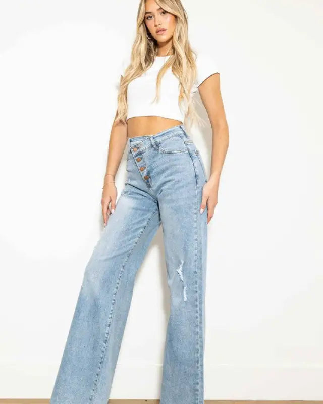 Criss Cross High Waisted Wide Leg Jeans - Jeans