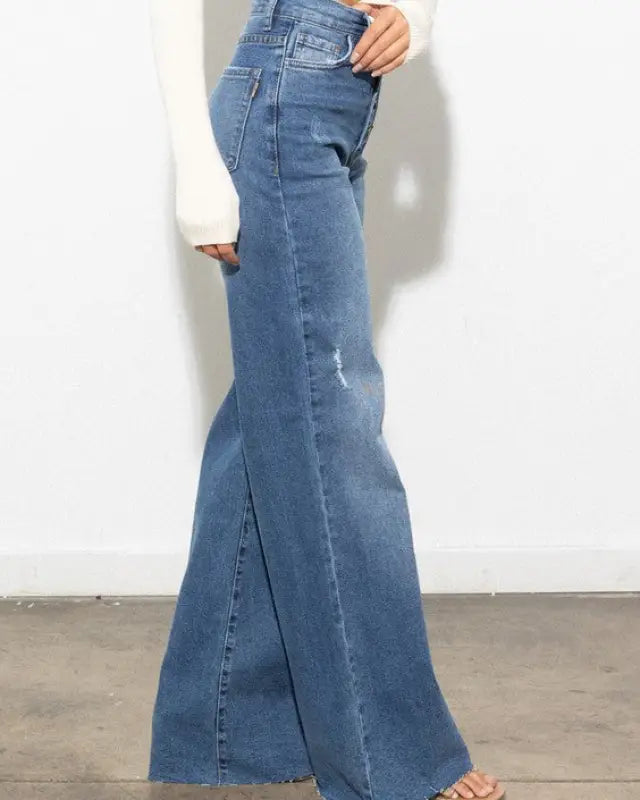 Criss Cross High Waisted Wide Leg Jeans - Jeans