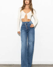 Criss Cross High Waisted Wide Leg Jeans - Jeans