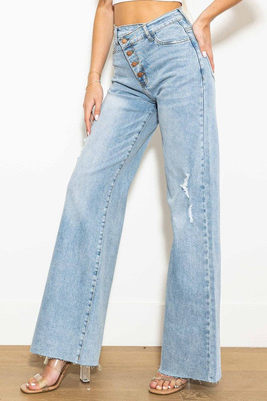 Criss Cross High Waisted Wide Leg Jeans - Jeans