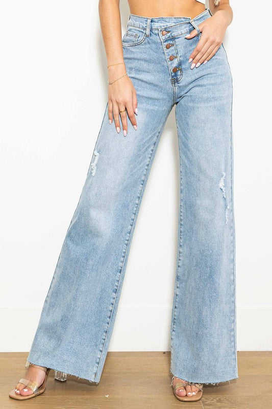 Criss Cross High Waisted Wide Leg Jeans - Light Stone / 13 - Jeans