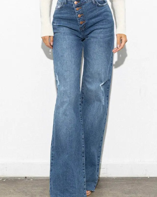 Criss Cross High Waisted Wide Leg Jeans - Medium Stone / 7 - Jeans