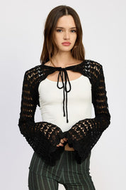 CROCHET BOLERO WITH DRAWSTRINGS - BLACK / S