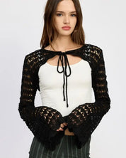 CROCHET BOLERO WITH DRAWSTRINGS - BLACK / S