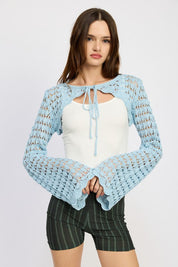 CROCHET BOLERO WITH DRAWSTRINGS - LT BLUE / S