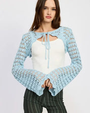 CROCHET BOLERO WITH DRAWSTRINGS - LT BLUE / S