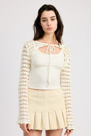 CROCHET BOLERO WITH DRAWSTRINGS - OFF WHITE / S