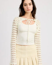 CROCHET BOLERO WITH DRAWSTRINGS - OFF WHITE / S