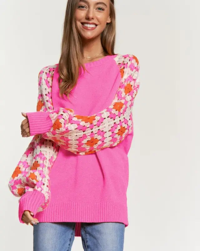 Crochet Detailed Long Sleeve Knit Sweater Top