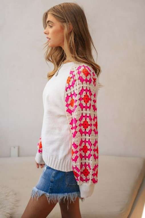 Crochet Detailed Long Sleeve Knit Sweater Top