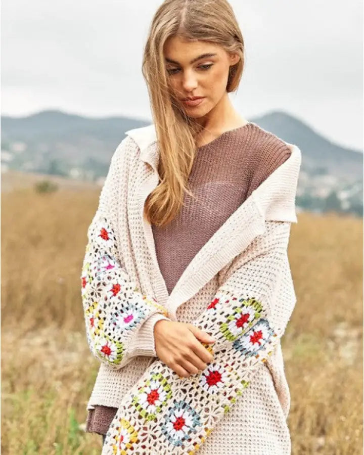 Crochet Floral Long Sleeve Knit Cardigan