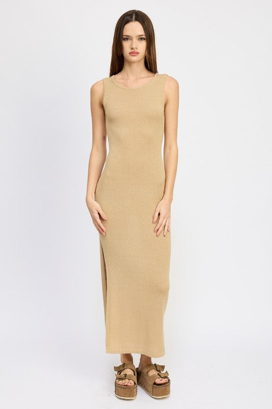 CROCHET MAXI DRESS WITH BACK TIE DETAIL - TAN / S