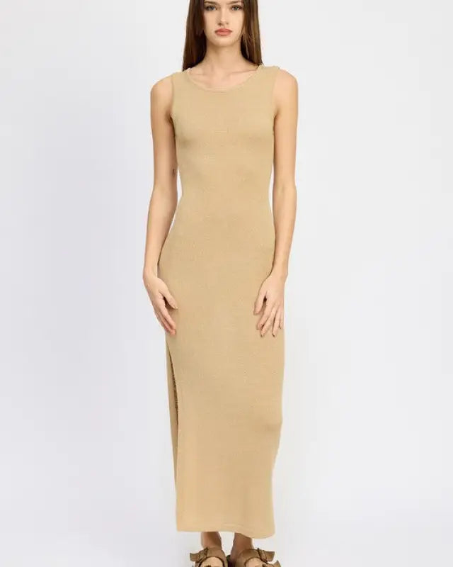 CROCHET MAXI DRESS WITH BACK TIE DETAIL - TAN / S