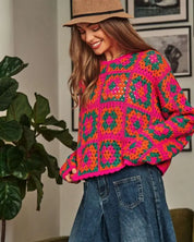 Crochet Patchwork Round Neck Pullover Sweater Top