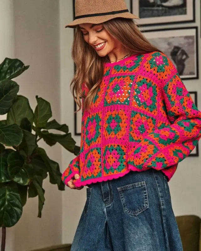 Crochet Patchwork Round Neck Pullover Sweater Top