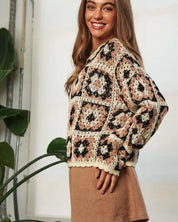 Crochet Patchwork Round Neck Pullover Sweater Top